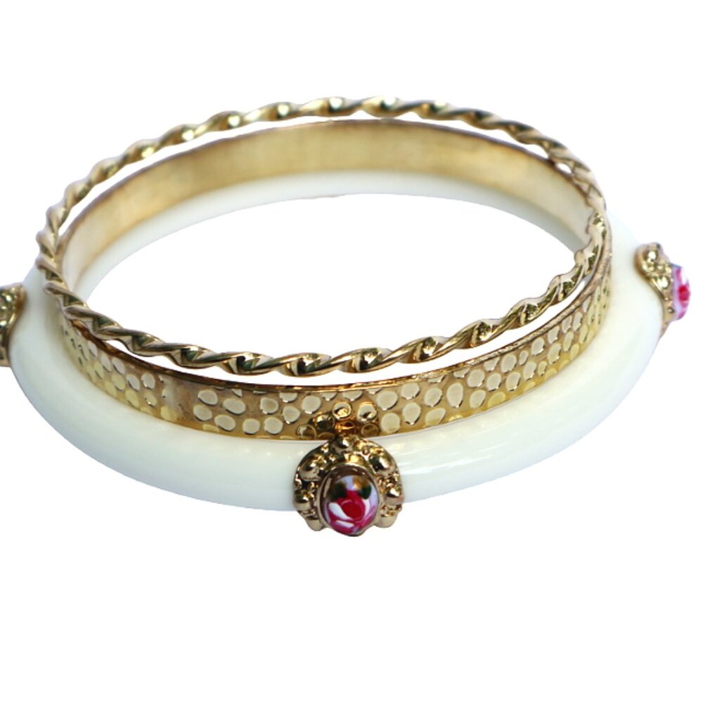 NEW Set of Three Gold Bangles Hand Painted Roses Pretty Jewelry Gifts for Women